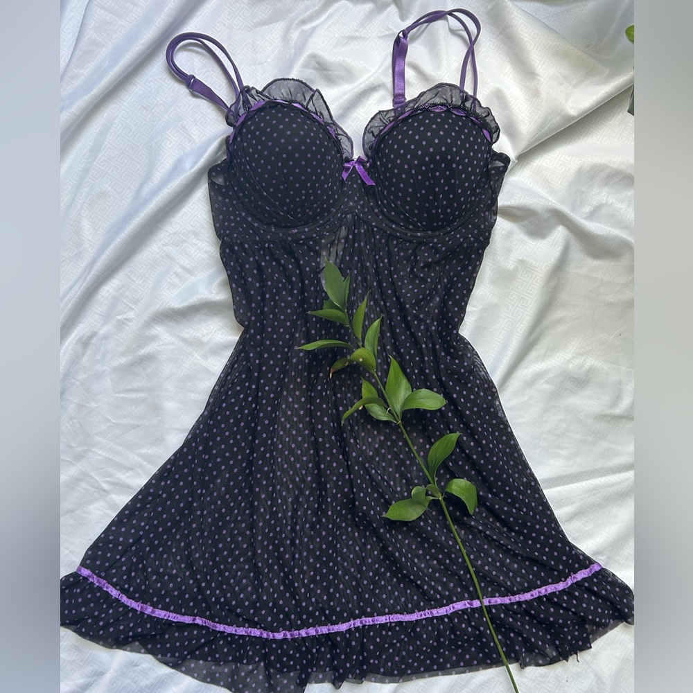 Black lace with purple poke dots slip dress size L